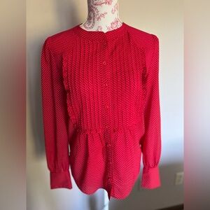 JCrew Red with small white polka dot blouse with tuxedo like front size 0